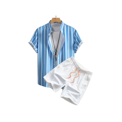 Summer 2-Piece Set: Swim Trunks & Striped Henley for Men