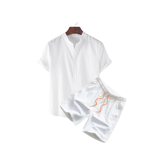 Classic White Mandarin Collar Short Sleeve Set