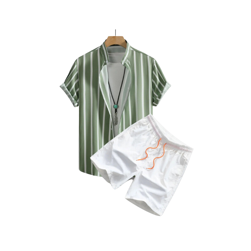 Summer 2-Piece Set: Swim Trunks & Striped Henley for Men