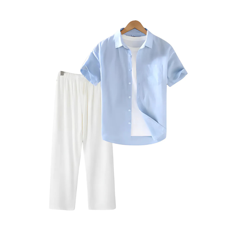 Classic Blue Collar Shirt & Linen Trousers Summer Set