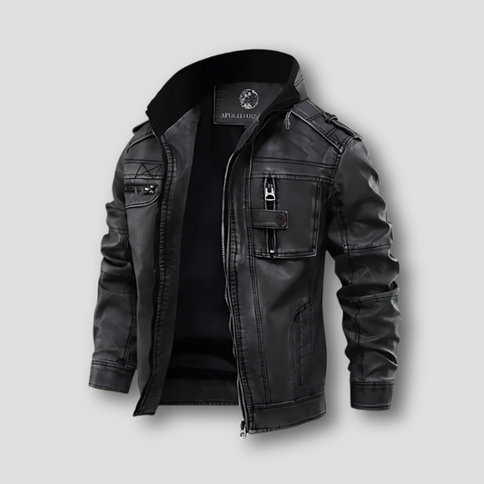 Stylish Front Pocket Stand Collar Washed Leather Jacket Man