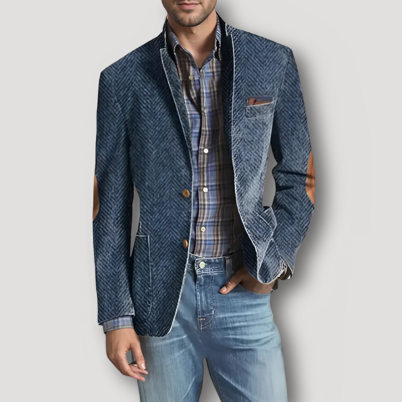 Tailored Slim Fit Herringbone Blazer Mens with Elbow Patches