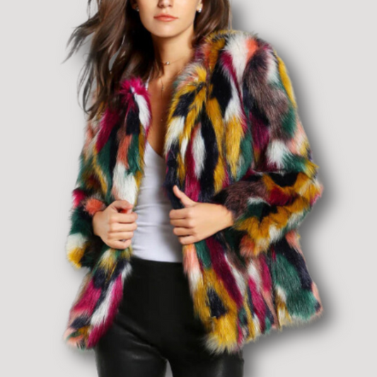 Vibrant Color Pattern Faux Fur Coat for Women