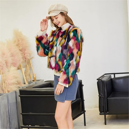 Vibrant Color Pattern Faux Fur Coat for Women