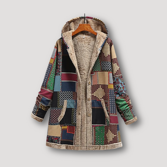 Printed Patchwork Pattern Sherpa Lining Hooded Winter Jacket for Women