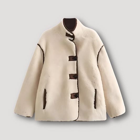 Beige Sherpa Fleece Jacket Women With Brown Accent