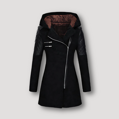 Quilted Leather Sleeve Winter Hooded Coat Womens