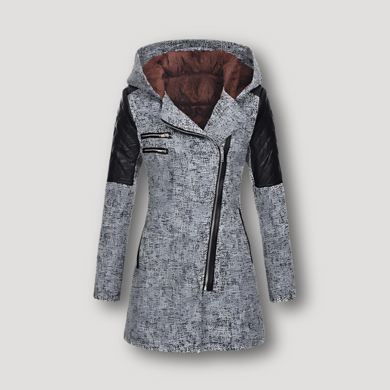 Quilted Leather Sleeve Winter Hooded Coat Womens