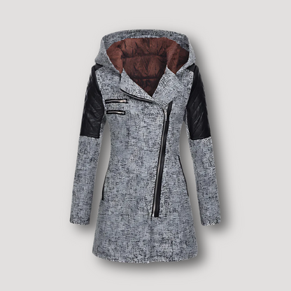 Quilted Leather Sleeve Winter Hooded Coat Womens